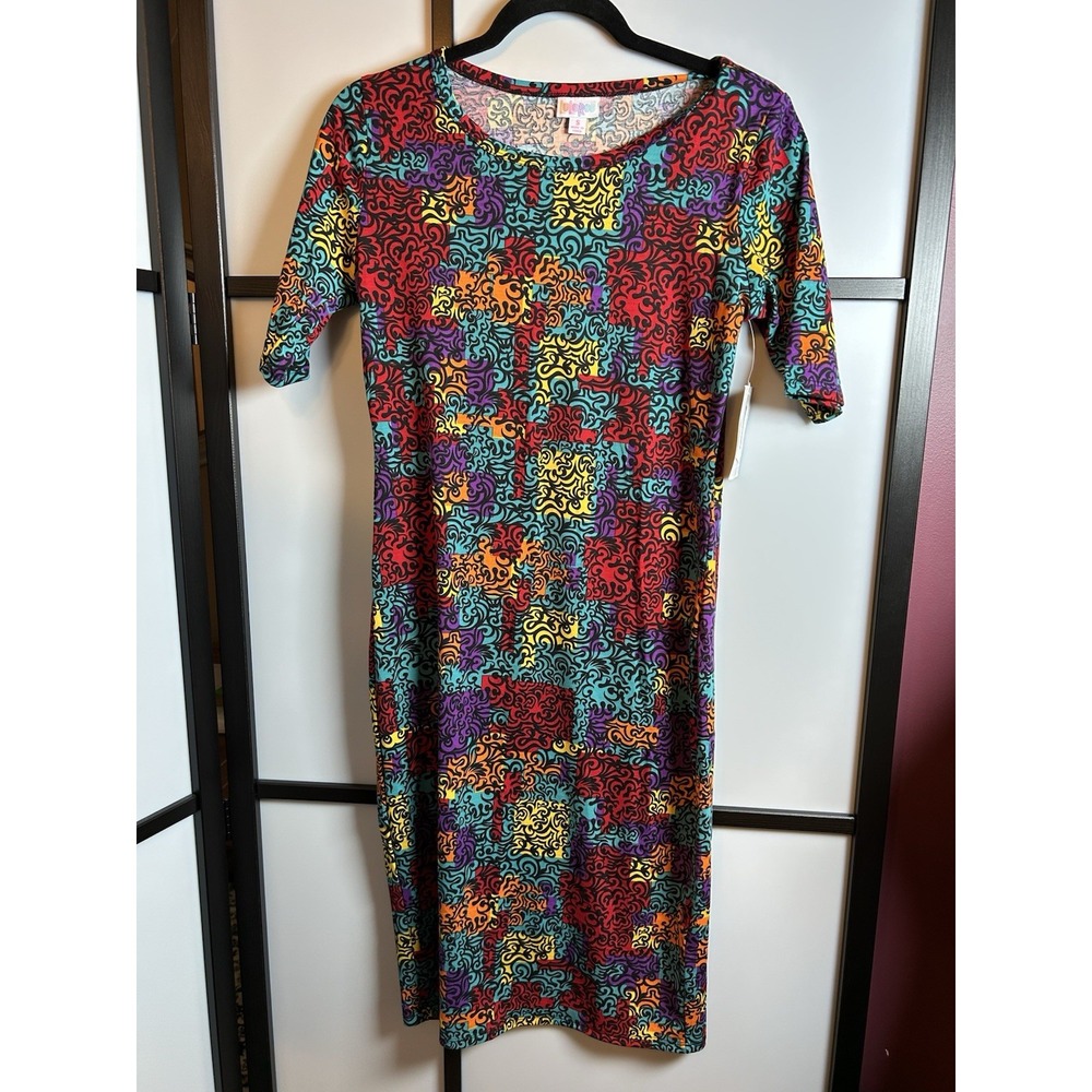 Lularoe Julia Pencil Dress‎ Womens S Multicolored Scribble Pattern Short Sleeve